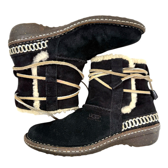 UGG Cove Winter Short Ankle Boots Black Suede Leather Wrap around Lace Size 8 - Picture 8 of 10